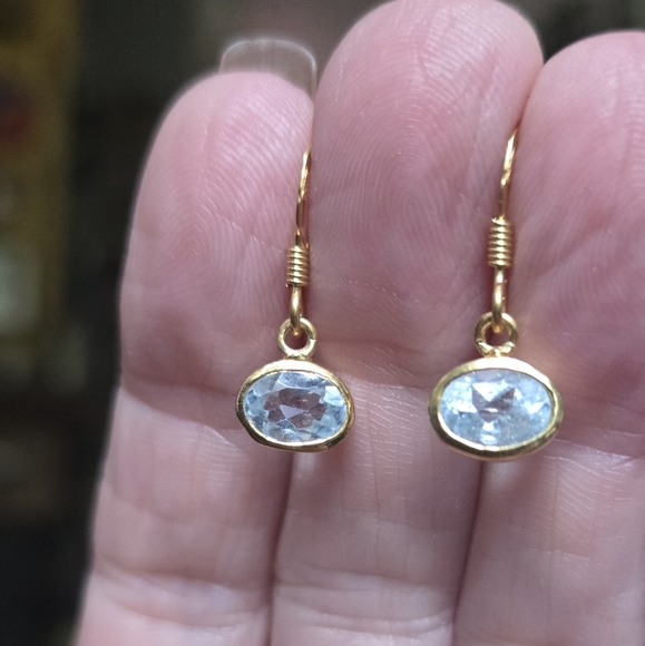 Blue Topaz Cushion Cut Natural Gemstone Sterling & Gold Earrings 2k - Picture 3 of 6